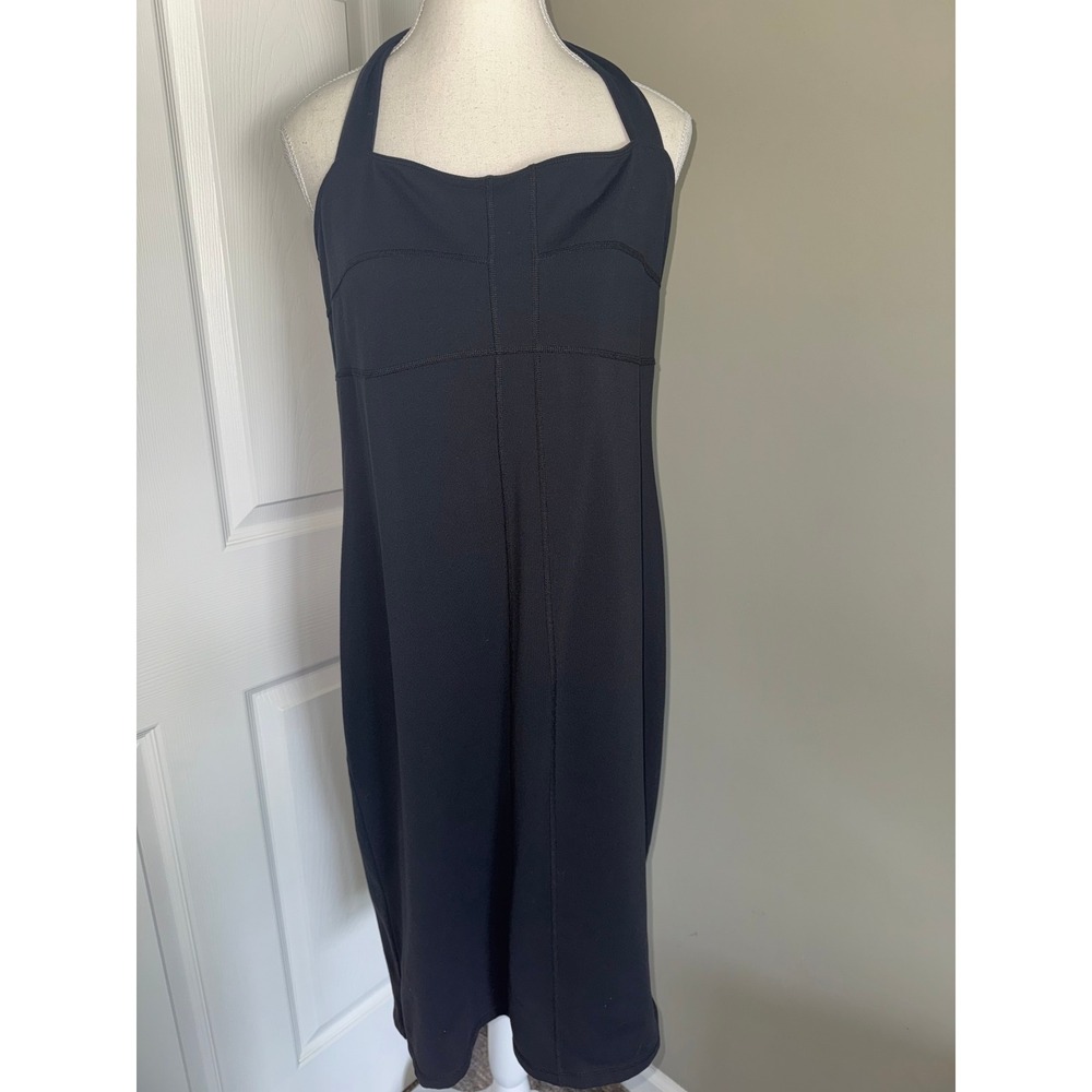 Athleta Black Halter Midi Dress Built-in Shelf Bra Supplex Lycra Womens L‎